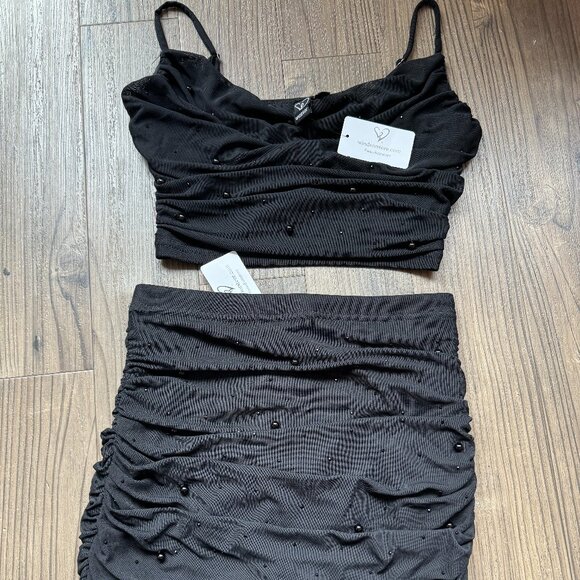 WINDSOR BLACK EMBELLISHED PEARL RUCHED MESH MIDI SKIRT CO-ORD SET - SMALL - Picture 6 of 12